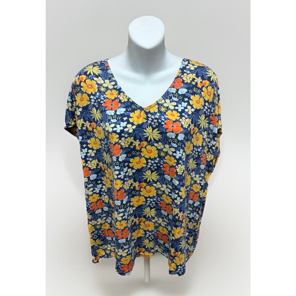 Aventura Clothing Womens Floral Top XL Blue Orange V Neck Short Sleeve Casual